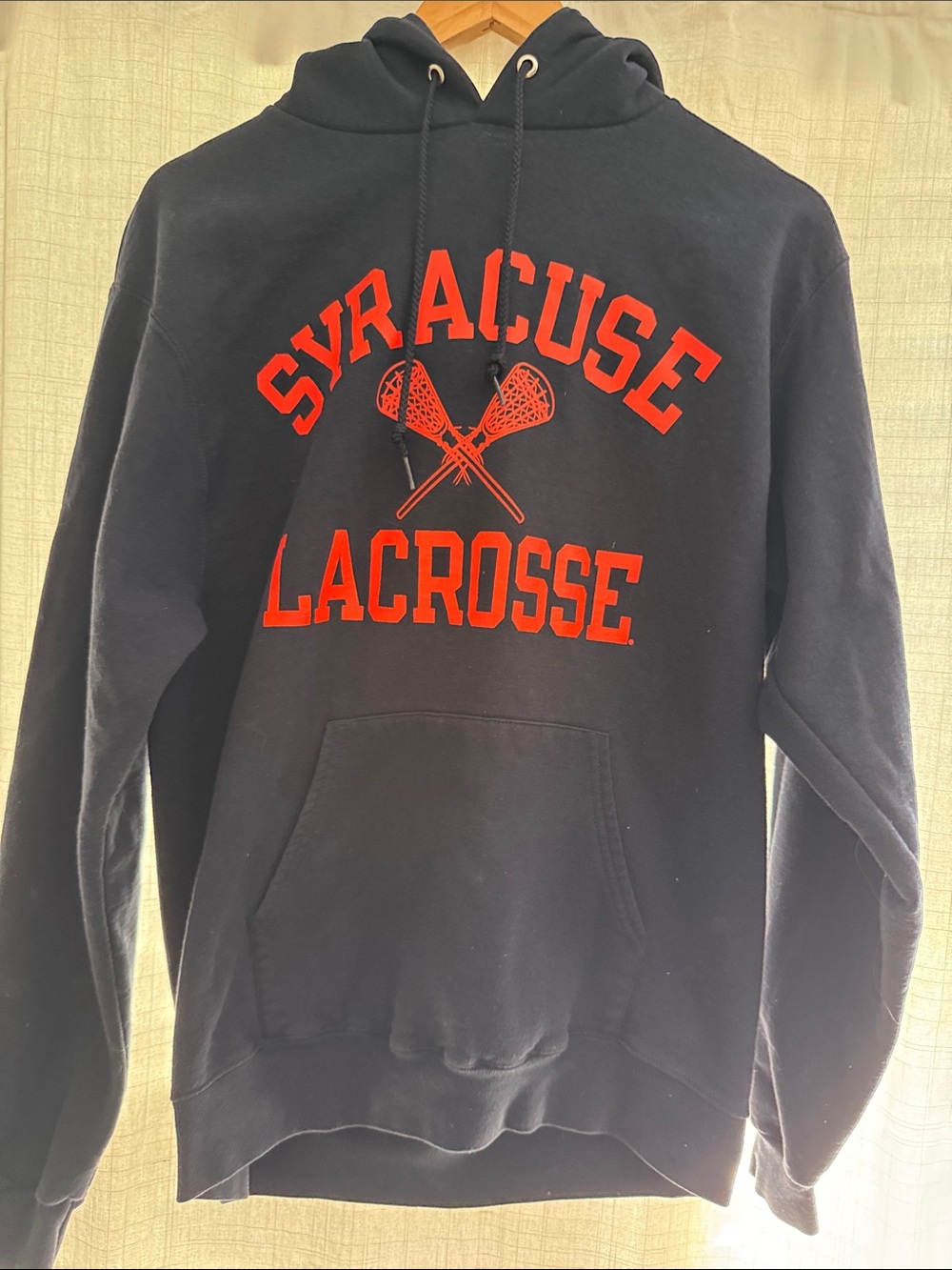 Champion Navy Hoodie with Red Syracuse Lacrosse Graphic